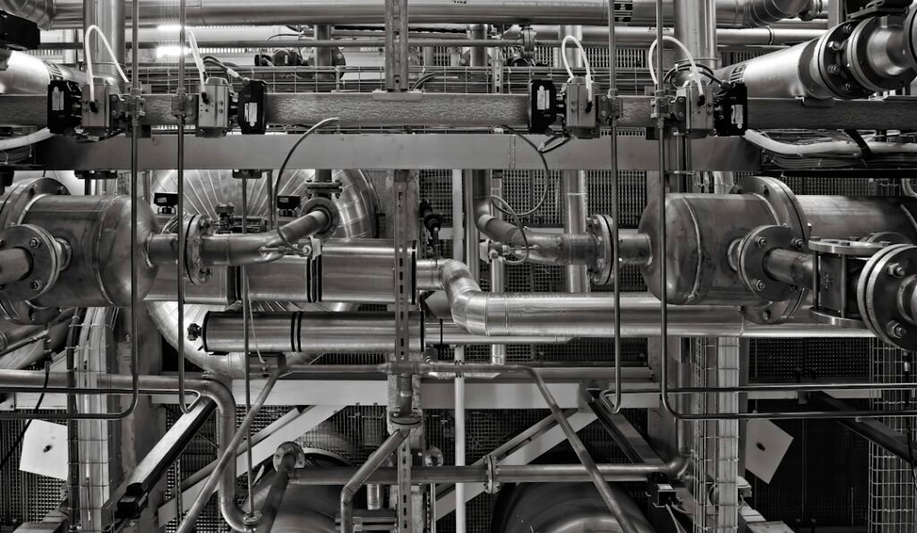 Stainless steel pipework and fittings in an industrial installation